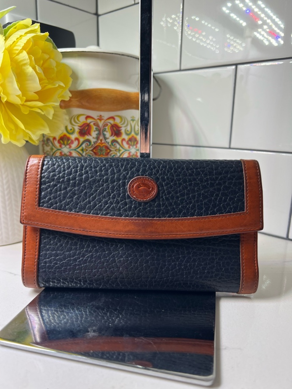 Dooney & Bourke | Vintage Tri-Fold Leather Wallet & Checkbook Holder | Navy Blue